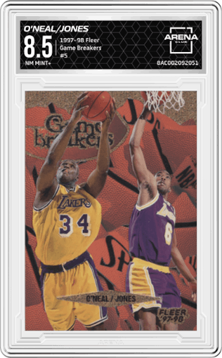 Shaquille O'Neal/Eddie Jones from the 1997-98 Fleer set graded by Arena Club and given an overall grade of 8.5.