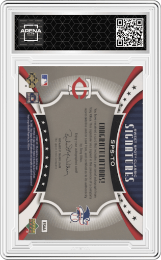 Tony Oliva from the 2007 Upper Deck Sweet Spot Classic set featuring a Red Stitch Blue Ink parallel graded by Arena Club.