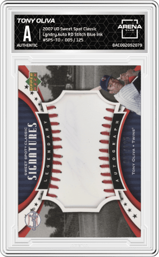 Tony Oliva from the 2007 Upper Deck Sweet Spot Classic set featuring a Red Stitch Blue Ink parallel graded by Arena Club.