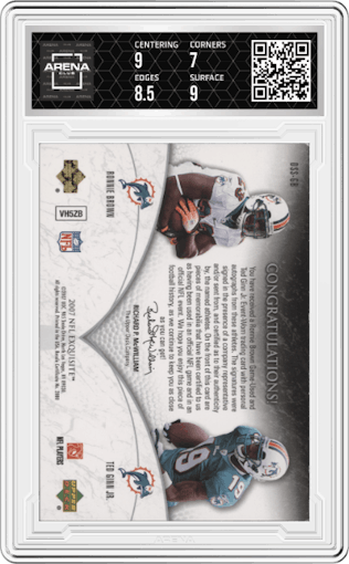 Ronnie Brown/Ted Ginn Jr. from the 2007 Upper Deck Exquisite Collection set graded by Arena Club and given an overall grade of 7.5.