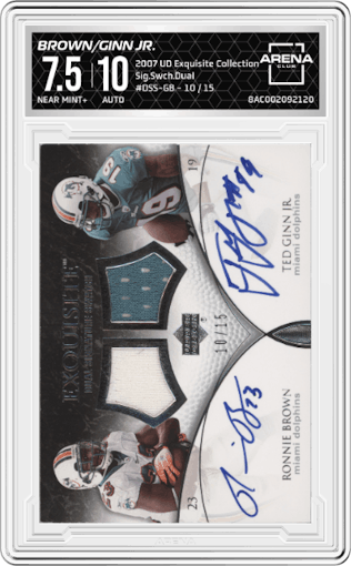 Ronnie Brown/Ted Ginn Jr. from the 2007 Upper Deck Exquisite Collection set graded by Arena Club and given an overall grade of 7.5.
