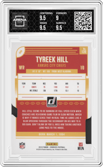 Tyreek Hill from the 2018 Panini Donruss set featuring a Press Proof Gold Die-Cut parallel graded by Arena Club and given an overall grade of 9.5.