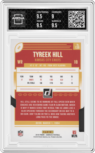 Tyreek Hill from the 2018 Panini Donruss set featuring a Press Proof Gold Die-Cut parallel graded by Arena Club and given an overall grade of 9.5.