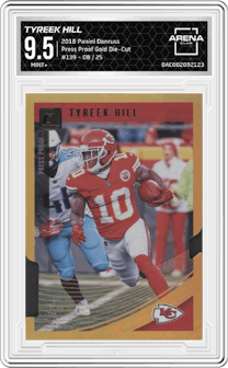 Tyreek Hill from the 2018 Panini Donruss set featuring a Press Proof Gold Die-Cut parallel graded by Arena Club and given an overall grade of 9.5.