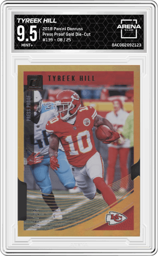 Tyreek Hill from the 2018 Panini Donruss set featuring a Press Proof Gold Die-Cut parallel graded by Arena Club and given an overall grade of 9.5.