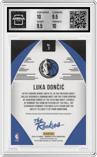 Luka Doncic from the 2018-19 Panini Donruss Optic set graded by Arena Club and given an overall grade of 10.
