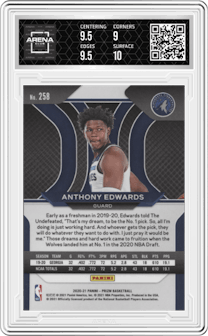 Anthony Edwards from the 2020-21 Panini Prizm set graded by Arena Club and given an overall grade of 9.5.
