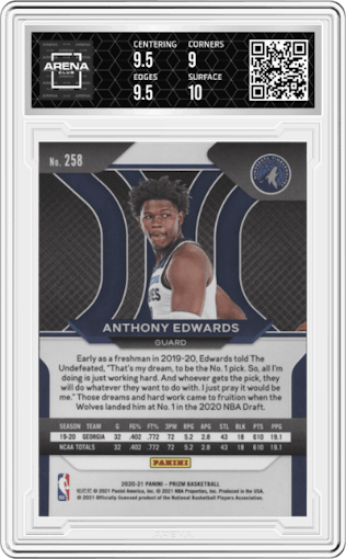 Anthony Edwards from the 2020-21 Panini Prizm set graded by Arena Club and given an overall grade of 9.5.