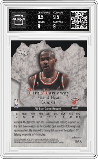Tim Hardaway from the 1997-98 Topps  set featuring a Refractor parallel graded by Arena Club and given an overall grade of 9.