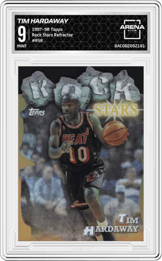 Tim Hardaway from the 1997-98 Topps  set featuring a Refractor parallel graded by Arena Club and given an overall grade of 9.