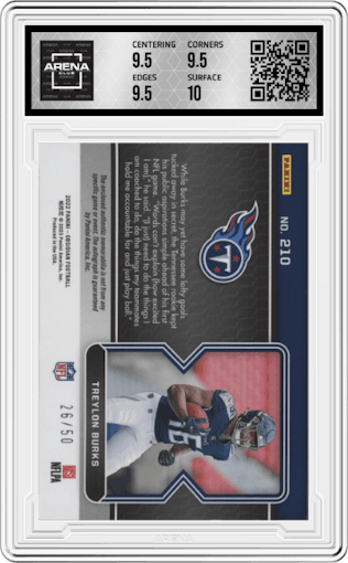 Treylon Burks from the 2022 Panini Obsidian set featuring a Electric Etch Green parallel graded by Arena Club and given an overall grade of 10.