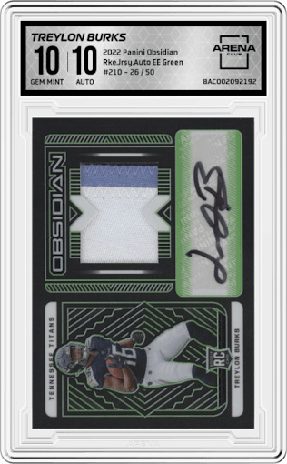 Treylon Burks from the 2022 Panini Obsidian set featuring a Electric Etch Green parallel graded by Arena Club and given an overall grade of 10.