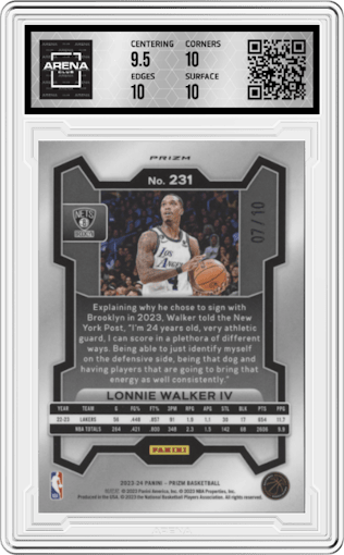 Lonnie Walker IV from the 2023-24 Panini Prizm set featuring a Gold Prizm parallel graded by Arena Club and given an overall grade of 10.