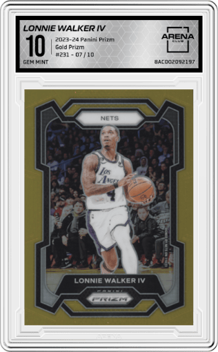 Lonnie Walker IV from the 2023-24 Panini Prizm set featuring a Gold Prizm parallel graded by Arena Club and given an overall grade of 10.