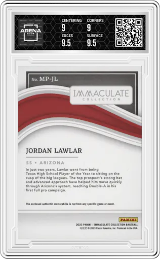 Jordan Lawlar from the 2023 Panini Immaculate Collection set featuring a Batting Gloves parallel graded by Arena Club and given an overall grade of 9.5.