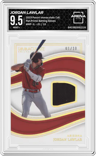 Jordan Lawlar from the 2023 Panini Immaculate Collection set featuring a Batting Gloves parallel graded by Arena Club and given an overall grade of 9.5.