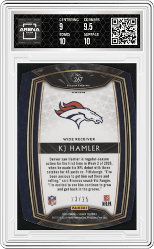 KJ Hamler from the 2020 Panini Select set featuring a  Die-Cut Tie-Dye parallel graded by Arena Club and given an overall grade of 9.5.