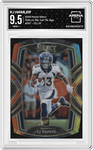 KJ Hamler from the 2020 Panini Select set featuring a  Die-Cut Tie-Dye parallel graded by Arena Club and given an overall grade of 9.5.
