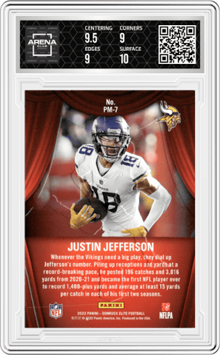 Justin Jefferson from the 2022 Panini Donruss Elite set graded by Arena Club and given an overall grade of 9.5.