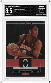 Kobe Bryant from the 2002-03 UD Glass set graded by Arena Club and given an overall grade of 8.5.