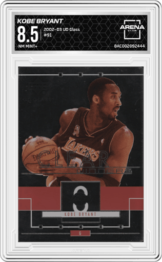 Kobe Bryant from the 2002-03 UD Glass set graded by Arena Club and given an overall grade of 8.5.