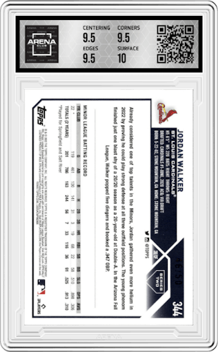 Jordan Walker from the 2023 Topps Series 2 set featuring a Father’s Day Powder Blue parallel graded by Arena Club and given an overall grade of 10.