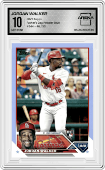 Jordan Walker from the 2023 Topps Series 2 set featuring a Father’s Day Powder Blue parallel graded by Arena Club and given an overall grade of 10.