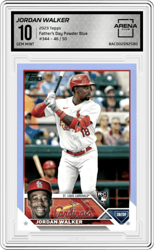 Jordan Walker from the 2023 Topps Series 2 set featuring a Father’s Day Powder Blue parallel graded by Arena Club and given an overall grade of 10.