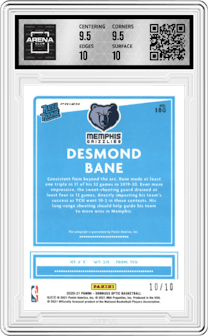 Desmond Bane from the 2020-21 Panini Donruss Optic set featuring a Gold parallel graded by Arena Club and given an overall grade of 10.
