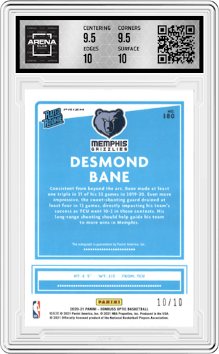 Desmond Bane from the 2020-21 Panini Donruss Optic set featuring a Gold parallel graded by Arena Club and given an overall grade of 10.