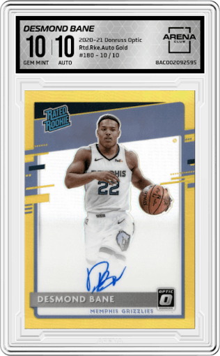 Desmond Bane from the 2020-21 Panini Donruss Optic set featuring a Gold parallel graded by Arena Club and given an overall grade of 10.