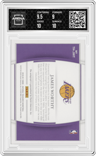James Worthy from the 2019-20 Panini National Treasures Basketball set featuring a Emerald parallel graded by Arena Club and given an overall grade of 9.5.