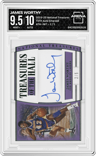 James Worthy from the 2019-20 Panini National Treasures Basketball set featuring a Emerald parallel graded by Arena Club and given an overall grade of 9.5.