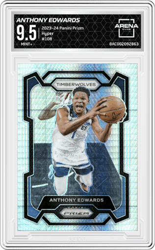 Anthony Edwards from the 2023-24 Panini Prizm set featuring a Hyper Prizm parallel graded by Arena Club and given an overall grade of 9.5.