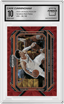 Cade Cunningham from the 2023-24 Panini Prizm Draft Picks set featuring a Red Choice parallel graded by Arena Club and given an overall grade of 10.