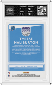 Tyrese Haliburton from the 2020-21 Panini Donruss Optic set graded by Arena Club and given an overall grade of 9.5.