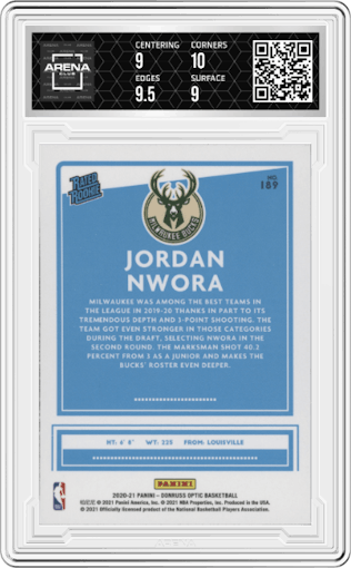 Jordan Nwora from the 2020-21 Panini Donruss Optic set graded by Arena Club and given an overall grade of 9.5.