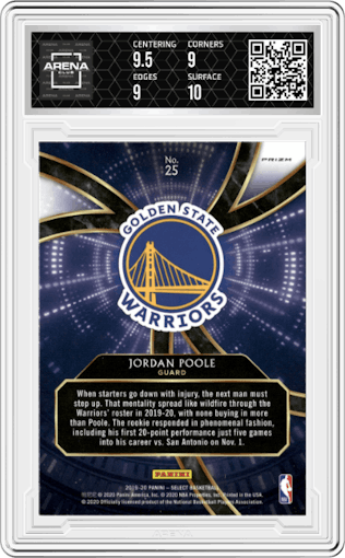 Jordan Poole from the 2019-20 Panini Select set featuring a Silver parallel graded by Arena Club and given an overall grade of 9.5.