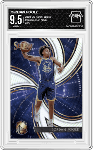 Jordan Poole from the 2019-20 Panini Select set featuring a Silver parallel graded by Arena Club and given an overall grade of 9.5.