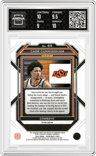 Cade Cunningham from the 2023-24 Panini Prizm Draft Picks set featuring a  Choice Blue/Yellow/Green parallel graded by Arena Club and given an overall grade of 9.5.