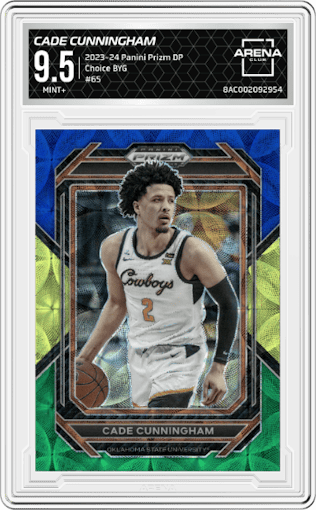 Cade Cunningham from the 2023-24 Panini Prizm Draft Picks set featuring a  Choice Blue/Yellow/Green parallel graded by Arena Club and given an overall grade of 9.5.