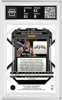 Malaki Branham from the 2022-23 Panini Prizm  set featuring a Ruby Wave parallel graded by Arena Club and given an overall grade of 9.5.