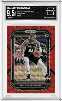 Malaki Branham from the 2022-23 Panini Prizm  set featuring a Ruby Wave parallel graded by Arena Club and given an overall grade of 9.5.