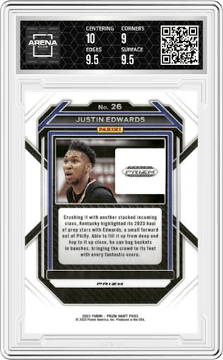Justin Edwards from the 2023-24 Panini Prizm Draft Picks set featuring a Silver Prizm parallel graded by Arena Club and given an overall grade of 9.5.