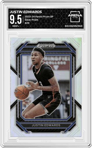 Justin Edwards from the 2023-24 Panini Prizm Draft Picks set featuring a Silver Prizm parallel graded by Arena Club and given an overall grade of 9.5.