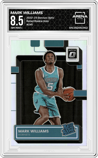 Mark Williams from the 2022-23 Panini Donruss Optic  set featuring a Holo parallel graded by Arena Club and given an overall grade of 8.5.