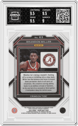 Brandon Miller from the 2023-24 Panini Prizm Draft Picks set graded by Arena Club and given an overall grade of 9.5.
