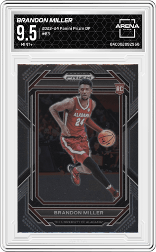 Brandon Miller from the 2023-24 Panini Prizm Draft Picks set graded by Arena Club and given an overall grade of 9.5.