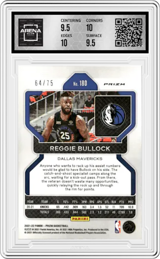  Reggie Bullock from the 2021-22 Panini Prizm  set featuring a Fast Break Purple parallel graded by Arena Club and given an overall grade of 10.