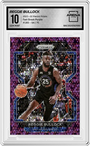  Reggie Bullock from the 2021-22 Panini Prizm  set featuring a Fast Break Purple parallel graded by Arena Club and given an overall grade of 10.